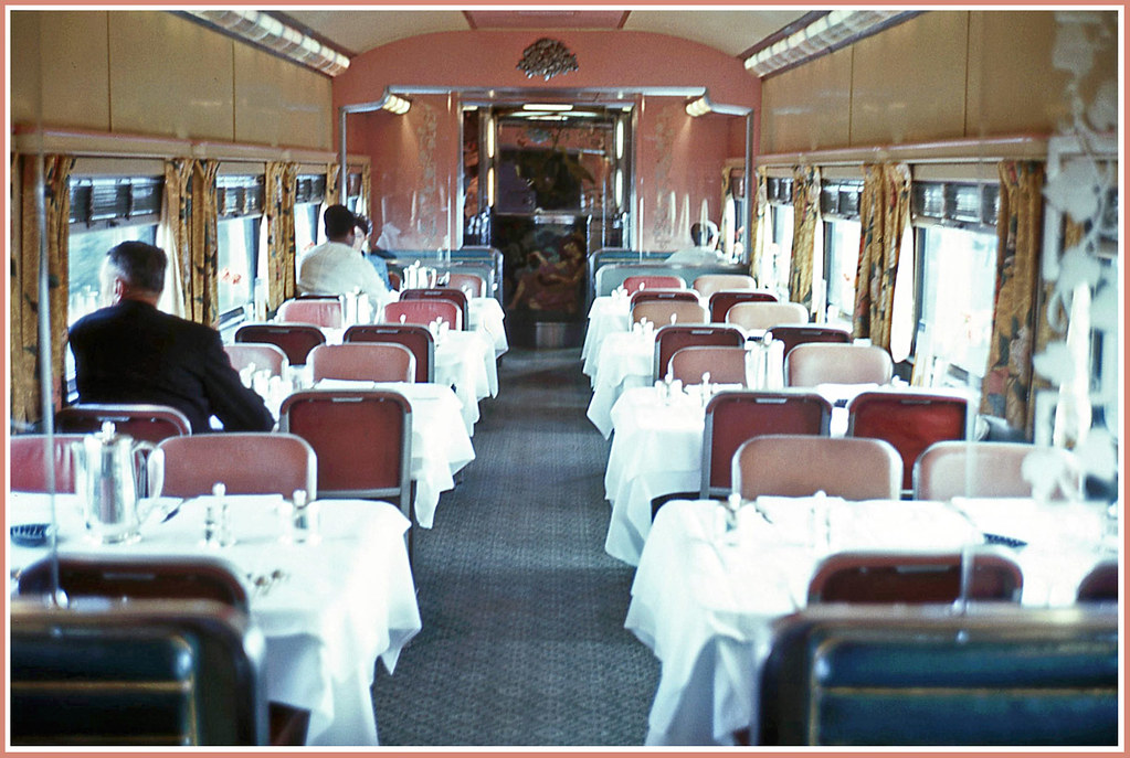 Take a look inside the cabin with volume . Dining on the California Zephyr - 1968 | The colors clash